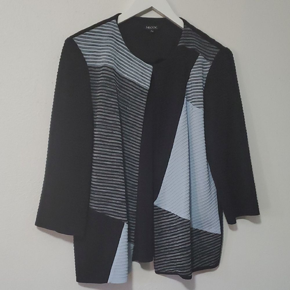 Misook Black and Light Blue Geometric Cardigan